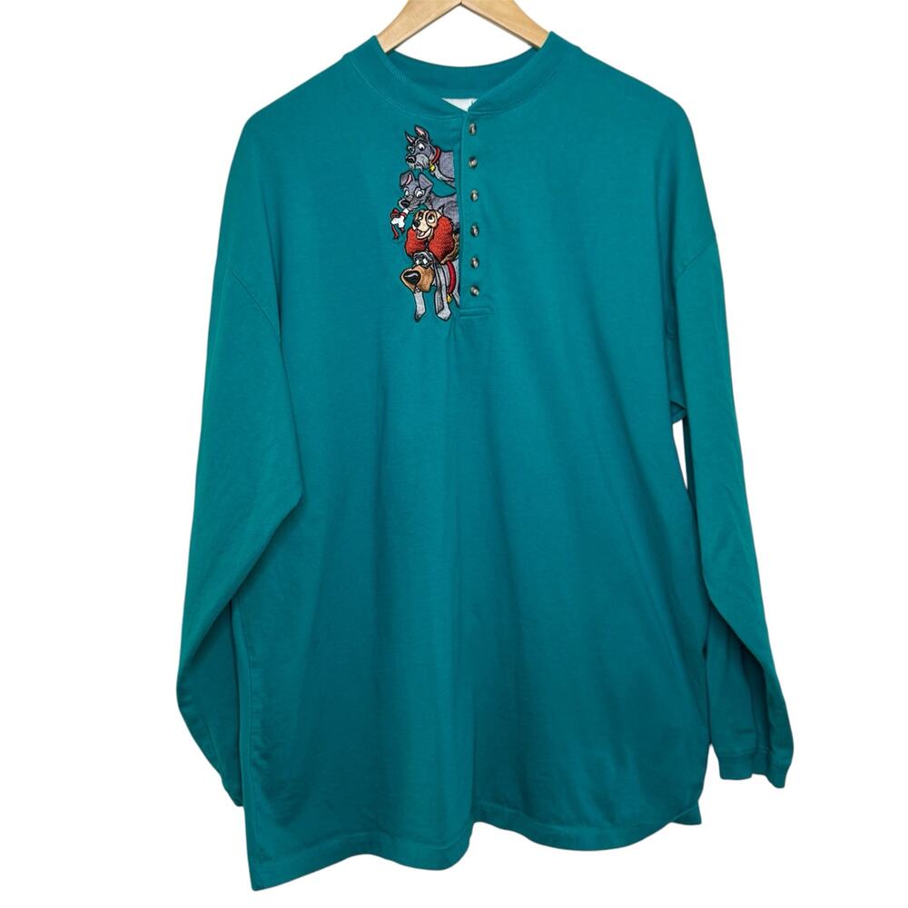 Vtg Disney Store Lady and the Tramp XXL Long Sleeve Embroidered Henley Shirt